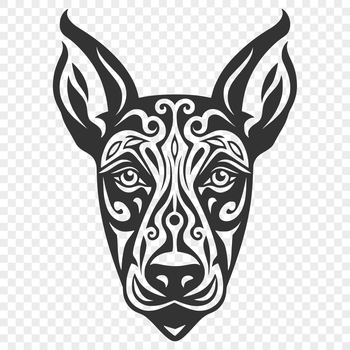 A high-resolution vector illustration of a Doberman Pinscher's head with ornate details.