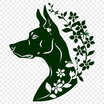 A close-up of a Doberman Pinscher's head, with a stylized floral pattern surrounding the dog's face.