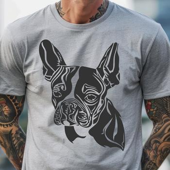 A simple illustration of a Boston Terrier's head with distinctive features.