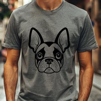 A close-up illustration of a Boston Terrier's head with prominent facial features.