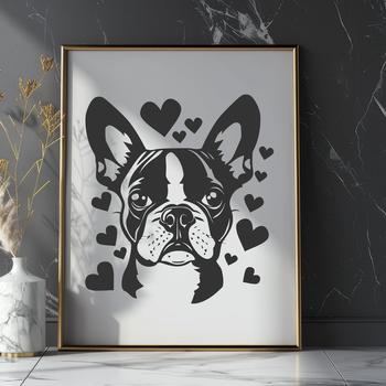 Boston Terrier dog breed illustration with love hearts in its head