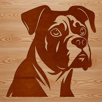 A vector graphic design featuring the face of a pet Boxer breed dog.