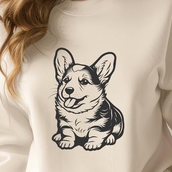 A small breed dog, specifically a Welsh Corgi, sitting in a relaxed position.