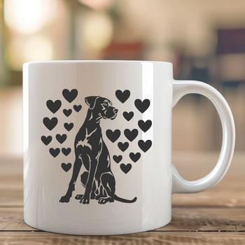 A stylized illustration of a happy Great Dane with love hearts surrounding it, suitable for various uses.