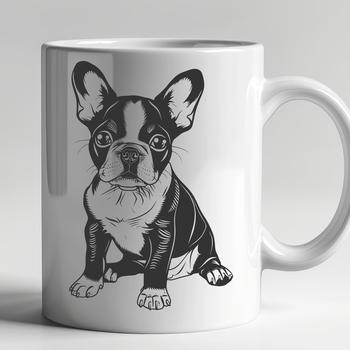 A vector illustration of a Boston Terrier sitting in front of a plain background, created using SVG technology.