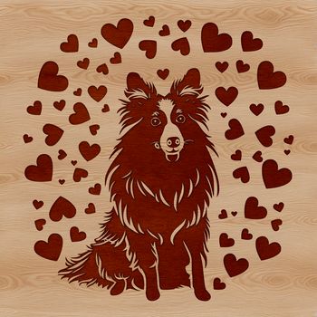 A breed-specific illustration of a Shetland Sheepdog sitting on a background with heart symbols.