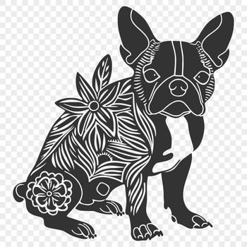 A full-body illustration of a sitting Boston Terrier with ornate floral patterns in the background.
