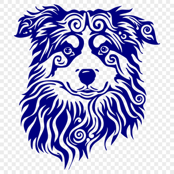 A high-quality illustration of a medium-sized Australian Shepherd dog with an ornate head and coat pattern.
