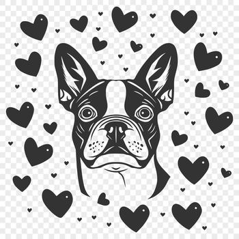 A portrait of a cute Boston Terrier with heart accents on its head.