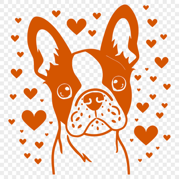A vector illustration of a cute Boston Terrier dog with heart designs on its head.