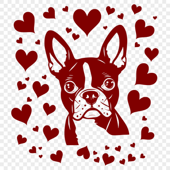 A close-up illustration of a Boston Terrier's head with heart-shaped patterns and designs surrounding its face.