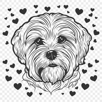 A smiling Havanese dog's head surrounded by love hearts.
