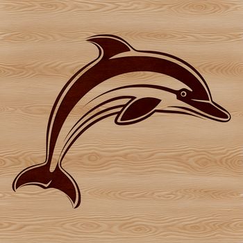 A stylized illustration of a dolphin in an ocean setting.
