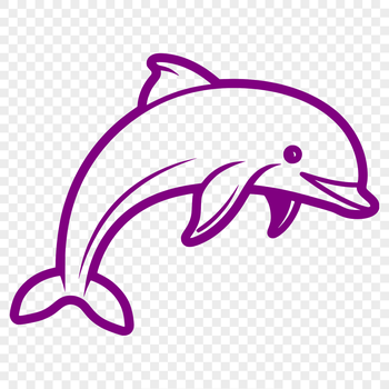 A simple line drawing of a dolphin, depicted in full body form as a cute sea creature.