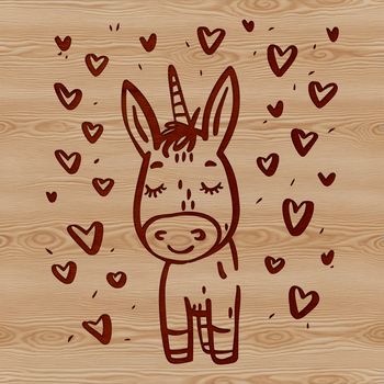 A cute donkey standing with love hearts surrounding it.