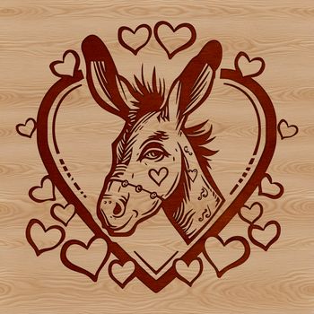 A simple line drawing of a donkey's head with love hearts surrounding it.