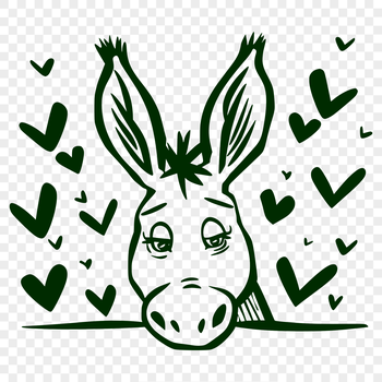 A friendly donkey with love hearts surrounding its head.