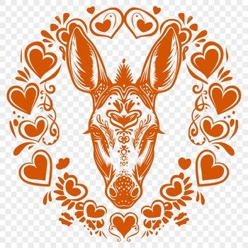 A stylized donkey illustration with ornate details and love hearts surrounding its head.