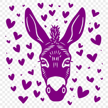 An illustration of a friendly donkey's head with love hearts surrounding it.