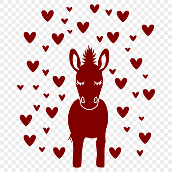A standing full-body illustration of a cute donkey with love hearts, suitable for vector design and clip art.