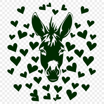 A colorful illustration of a donkey's head with heart-shaped designs on its face.