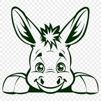 A cartoon donkey's head is peeking out from behind a tree, created as vector art.