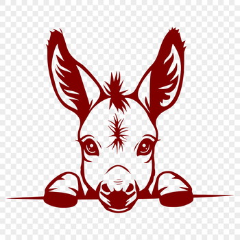 A donkey's head peeking out from behind a tree.