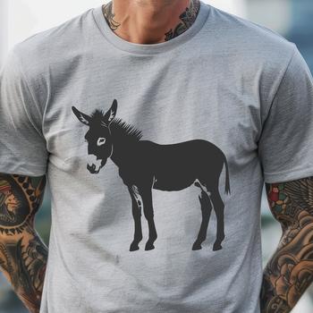 A donkey standing on all fours with its ears perked up.
