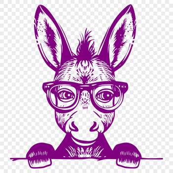A cartoon donkey wearing glasses with its head peeking out from behind an object.