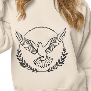 A stylized vector illustration of a white dove in flight.