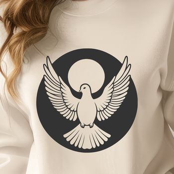 A white bird with rounded wings and a small beak, perched on a branch, symbolizing peace.