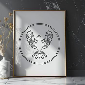 A white dove perched on a branch, depicted in simple vector lines.