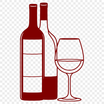 A graphic illustration of a glass filled with red wine next to an open bottle.