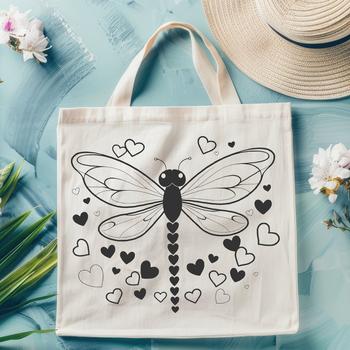 An illustration of a dragonfly with intricately designed love hearts on its wings and body.