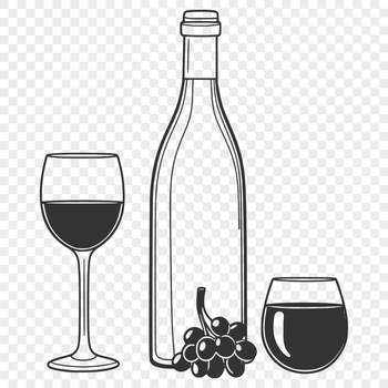 An illustration of a wine glass next to a partially filled bottle.