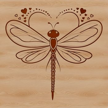 A detailed illustration of a dragonfly with love hearts surrounding its body.