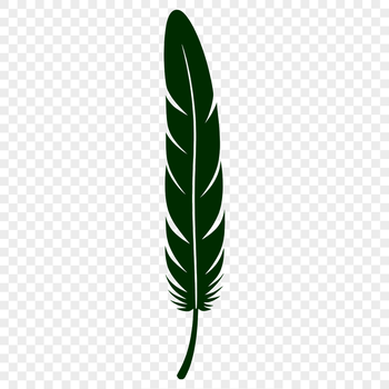 A stylized illustration of a single feather with delicate lines and subtle texture.