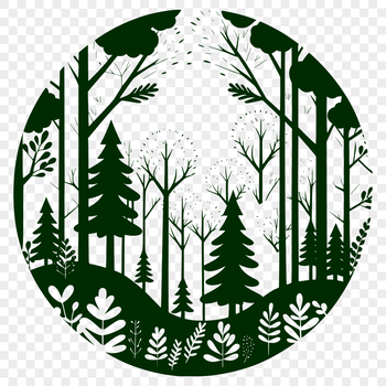 A stylized illustration of a dense forest with tall trees and lush foliage.
