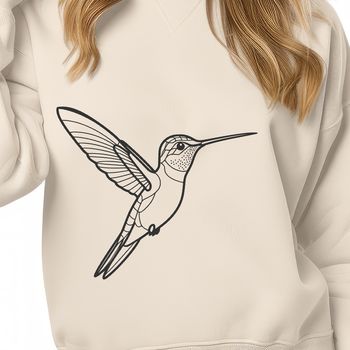 A vector graphic design featuring a detailed hummingbird perched on a branch.