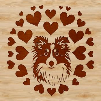 A digital illustration of a Shetland Sheepdog's head with intricate love hearts surrounding its features.
