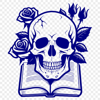 A stylized gothic skull design with intricate details and curves.