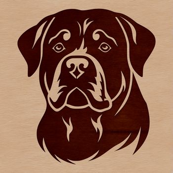A graphic representation of a Rottweiler animal's face designed as a clip art for personal or commercial use.
