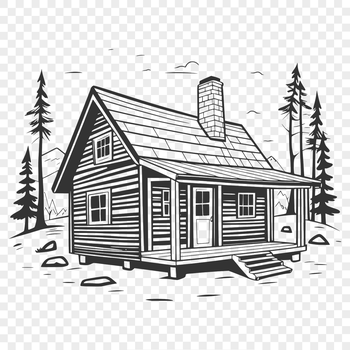 A digital illustration of a cozy cabin in the woods, suitable for vector art and clipart.