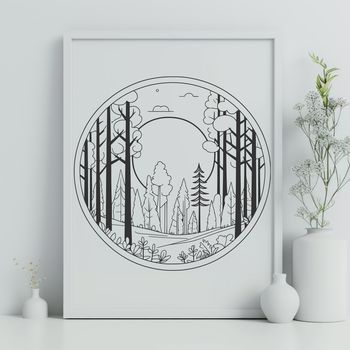 A vector graphic representation of a woodland landscape featuring numerous trees and greenery.