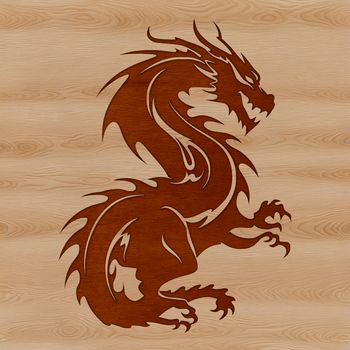 A mythical dragon in mid-air, depicted with scales and wings.