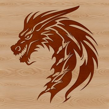 A detailed illustration of a mythical creature's head with scales, wings, and claws.