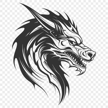 A detailed illustration of a mythical creature's head with scales, claws, and wings.