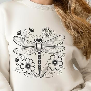 A colorful illustration of a dragonfly surrounded by floral elements.