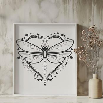 A colorful dragonfly design with love hearts incorporated into its wings, suitable for vector editing and printing.