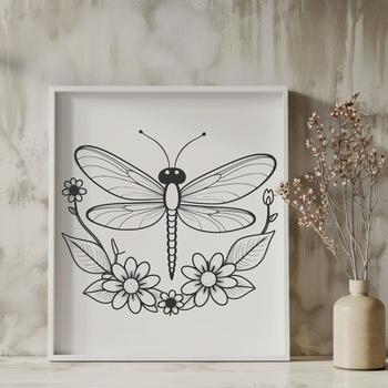 A colorful dragonfly with iridescent wings and a slender body perched on a floral stem.